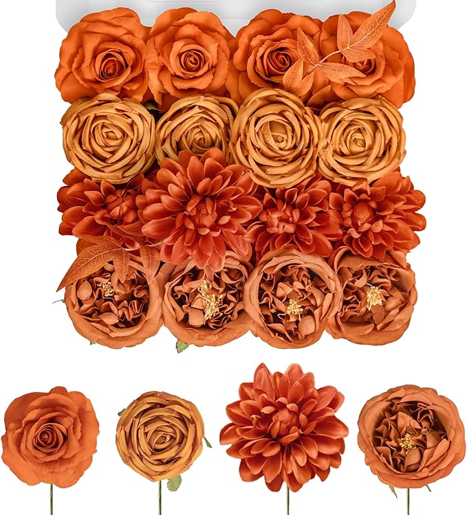 TINGE TIME Artificial Flowers Combo Box Set 16PCS Fake Rose Silk Flower with Stem for DIY Wedding Bouquets Centerpieces Baby Shower Party Home Fall Decoration (Blood Orange & Burnt Orange)