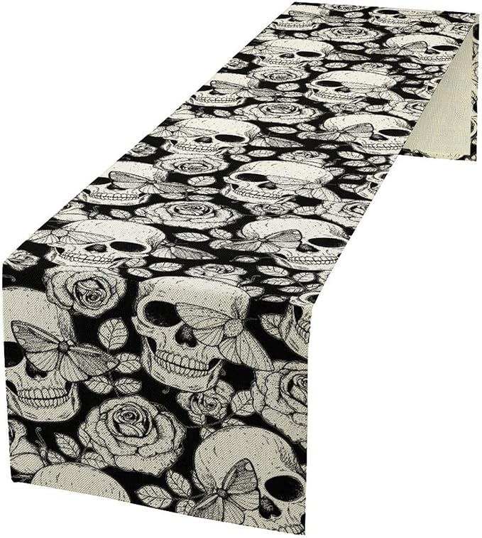 Gothic Table Runner,Black White Skeleton Flower Moth Print Table Runner for Home Kitchen Table Dining Garden Farmhouse Wedding Party Decor 13x36 Inch