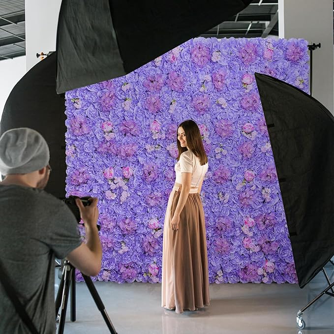 Artificial Flower Wall Backdrop 16pcs 16.5x16.5 Inch Silk Rose Artificial Floral Wall Panel Ideal for Wedding Celebrations, Festive Party Backdrops, and Elegant Home Decor-Purple