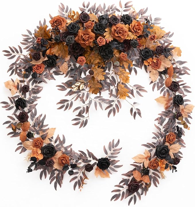 Ling's moment 9FT Eucalyptus and Willow Leaf Flower Garland, Handcrafted Wedding Sweetheart Table Centerpieces, Head Table Decor, Arch Backdrop Decorations for Wedding | Halloween Black & Orange