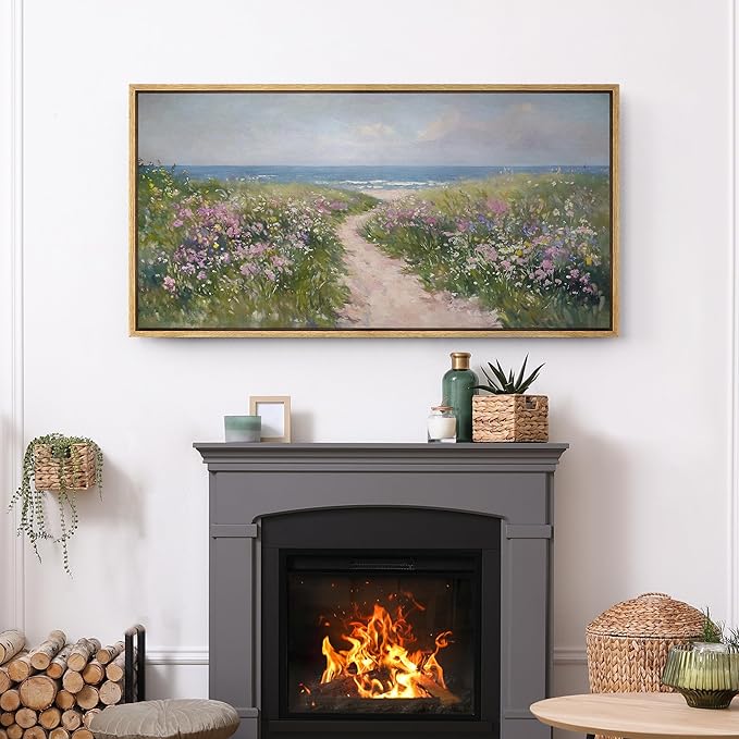 SIGNFORD Extra Large Framed Canvas Print Wall Art Seaside Path with Wildflowers Coastal Landscape Illustrations Modern Art Relax/Calm Warm for Living Room, Bedroom, Office - 60"x30"