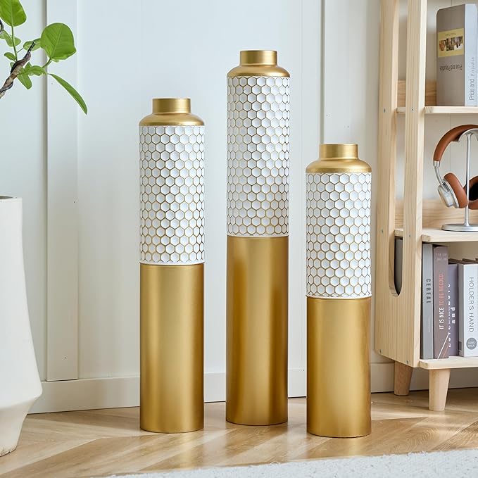 Floor Vases, Tall Home Decor Metal Vase Set of 3 Large Glazed Decorative Vases for Wedding Decor, Elegant Modern Flower Holder for Living Room, Entryway, Hallway, Dining Room