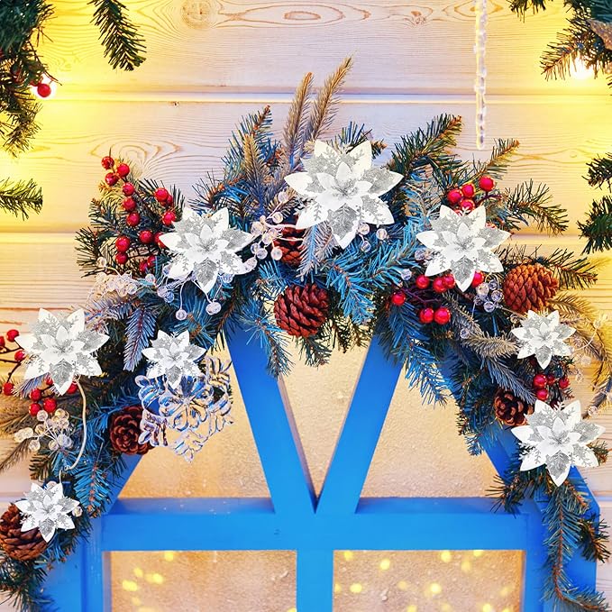 24 Christmas Glitter Artificial Poinsettia Flowers Xmas Poinsettia Artificial Wedding Flowers Decorations Xmas Tree Ornaments with Clips for Party Favors, 6 Inch, 4 Inch, 3 Inch (Silver and White)