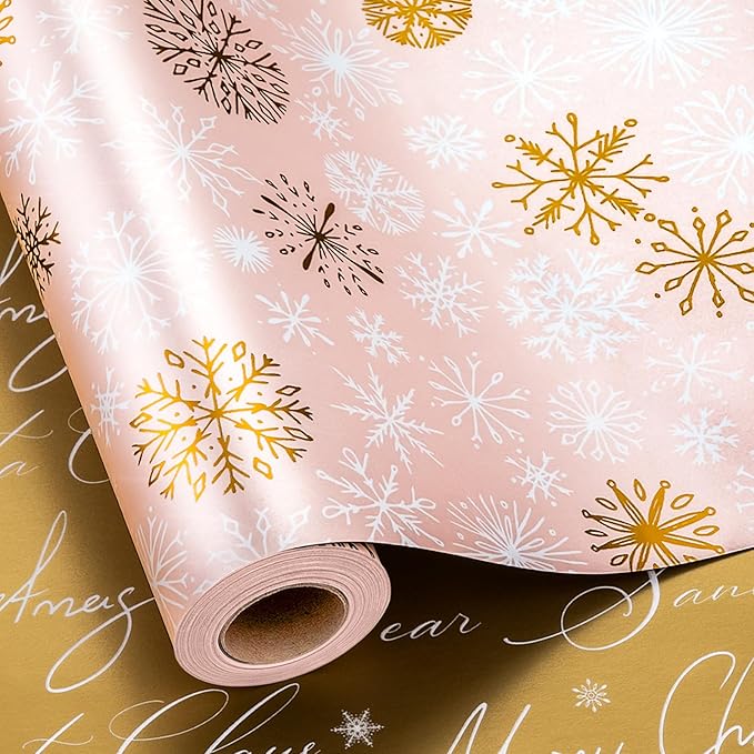 Yarcony Pink Christmas Wrapping Paper Roll, Gold Snowflakes Wrapping Paper, Reversible Pastel Winter Snowflake Theme Christmas Gift Wrap for Holiday Present, Gift Packaging, Party(17Inch x 33Feet)