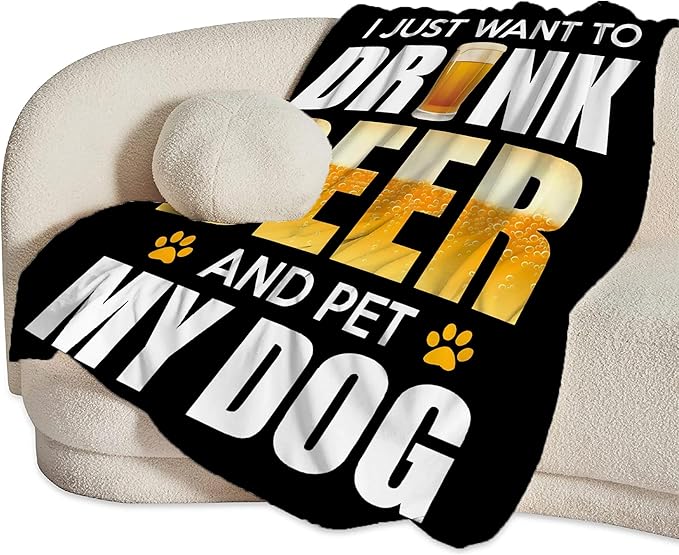 Funny Beer and Dog Throw Blanket - Gifts and Decor for Men Women Adults - Soft Warm Cozy Fleece for Couch Sofa Bed 50"x40"