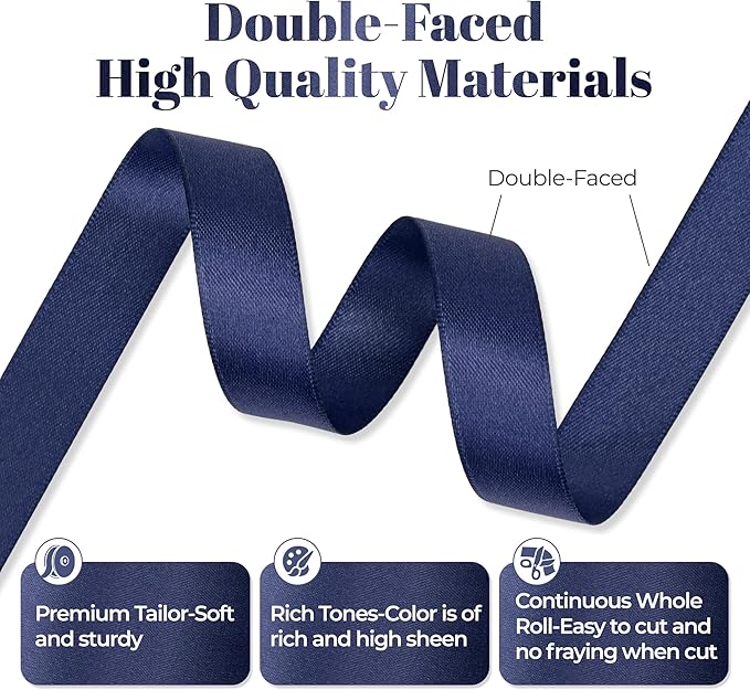 Navy Blue Satin Ribbon, Double Faced 5/8 Inch X 50 Yards Navy Blue Ribbon, Premium Satin Ribbon for Gift Wrapping, Crafts, Hair Bow Making, Sewing, Flower Bouquet, Wedding Party Decor