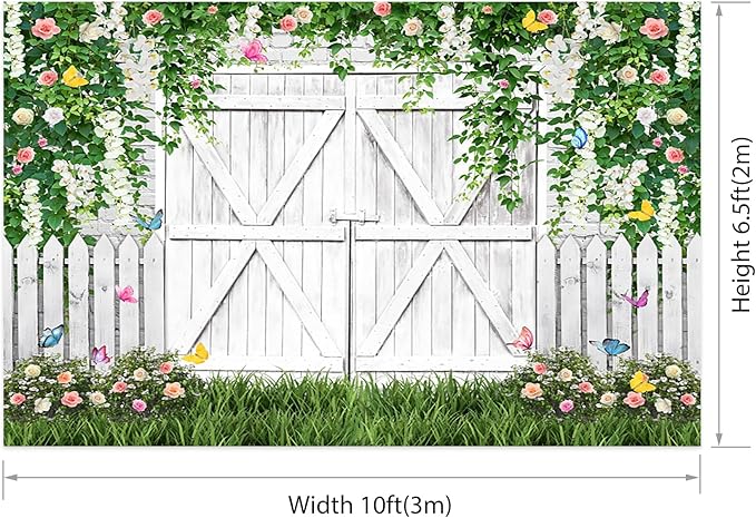 AOFOTO White Barn Door Floral Backdrop 10x6.5ft Spring Garden Background Banner Green Leaves Flowers Butterfly Wooden Door Backdrops Birthday Bridal Shower Wedding Banner Photo Booth Studio Props
