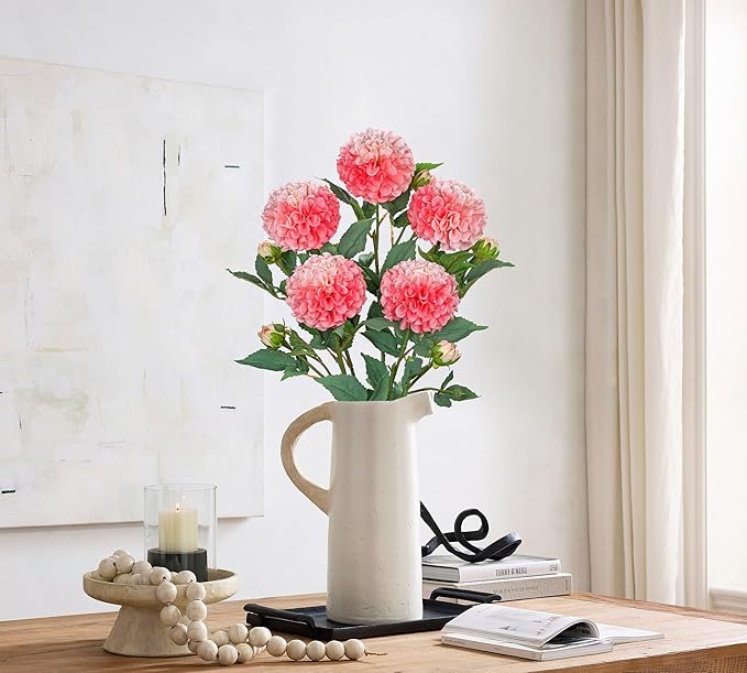 Hollyone 5PCS Dahlia Artificial Flowers 24.8" Pink Fake Ball Dahlias Silk Flowers Faux Roses Flower with Long Stems for DIY Wedding Bouquets Table Centerpieces Arrangements Bridal Party Home Decor