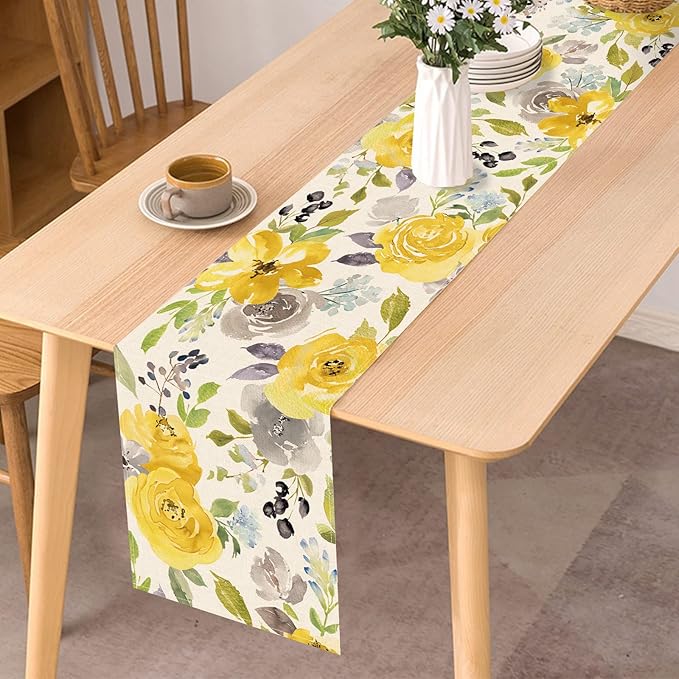 Seliem Spring Yellow Floral Flowers Table Runner, Rose Peony Watercolor Kitchen Dining Table Decor, Seasonal Summer Burlap Home Decoration Indoor Outdoor Party Supply 13 x 72 Inches