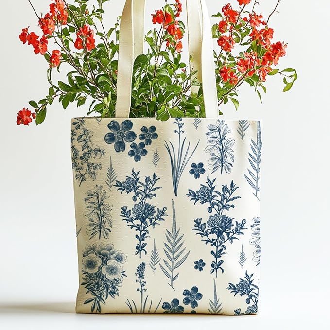 ANATTASOUL Canvas Tote Bag Blue Flower and Leaf Reusable Cotton Bag for Women, Durable Cloth Shoulder Bags with Zipper Pockets for Shopping, Vacation, Work, Gym