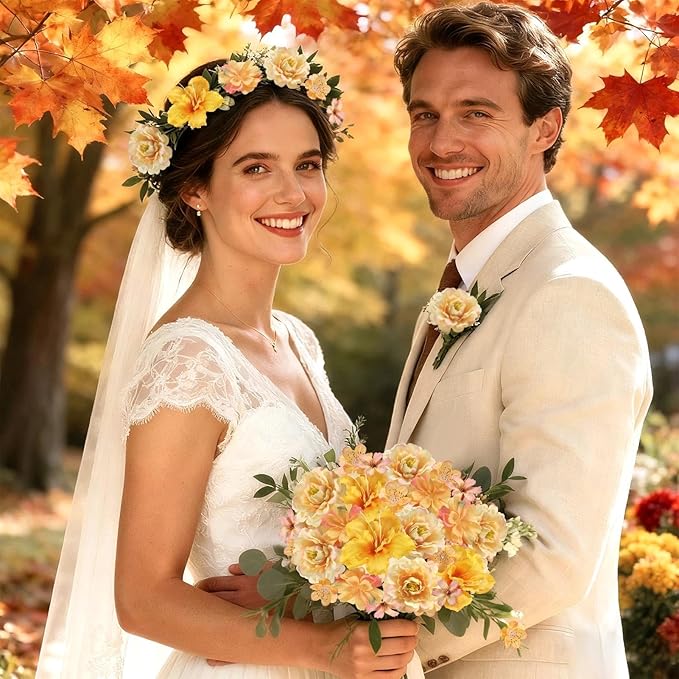 210Pcs Mini Fall Fake Flower Heads Orange Small Silk Faux Flower Heads Artificial Rose Daisy Multicolor Flowers Bulk for Cake Crafts DIY Graduation Cap Wedding Hair Dresses Wreath Party Home Decor
