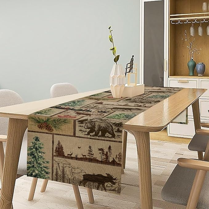Rustic Cabin Table Runner, Farmhouse Deer Bear Retro Pine Forest Wooden Plank Wild Animal Seasonal Coffee Table Center Decor for Home Kitchen Dining Patio Holiday Party Table Decorations 13x90 inches