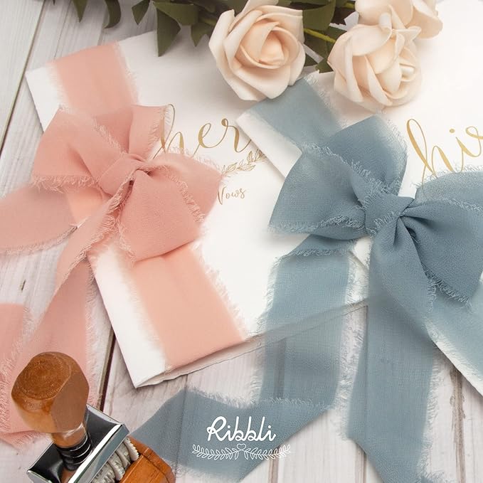 Ribbli Dusty Pink Chiffon Ribbon 1-1/2 inch x 20 Yard Handmade Fringe Chiffon Silk Ribbon for Wedding Invitations, Bridal Bouquets Wrapping, Flower Arrangement Decoration