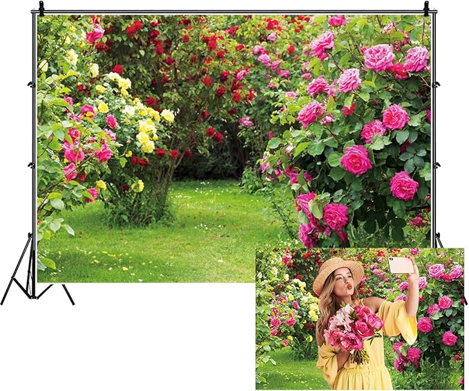 Renaiss 7x5ft Garden Floral Backdrop Red Pink Rose Flower Park Green Leaf Grass Natural Landscape Plant Photography Background for Wedding Bridal Shower Party Decor Photo Booth Props