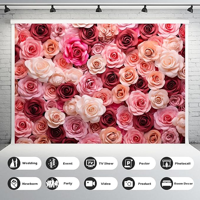 Pink and White Roses Background for Wedding Ceremony or Valentine's Day Flowers Wall Photography Backdrop Anniversary Birthday Wedding Baby Shower Background Children Adults Studio Prop 12x8ft