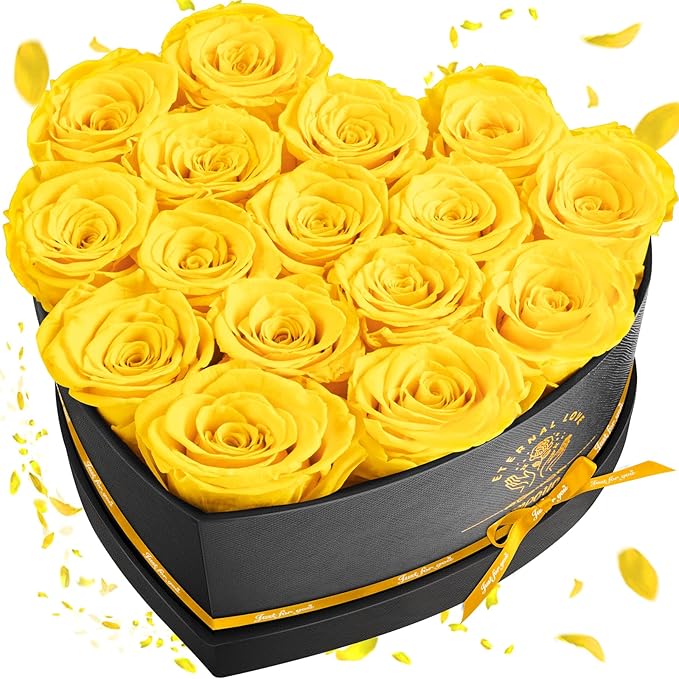 16-Piece Forever Flowers Heart Shape Box - Preserved Roses, Birthday Gifts For Women- Flower Delivery Prime, Valentines, Anniversary, Wedding Gifts- Yellow Roses
