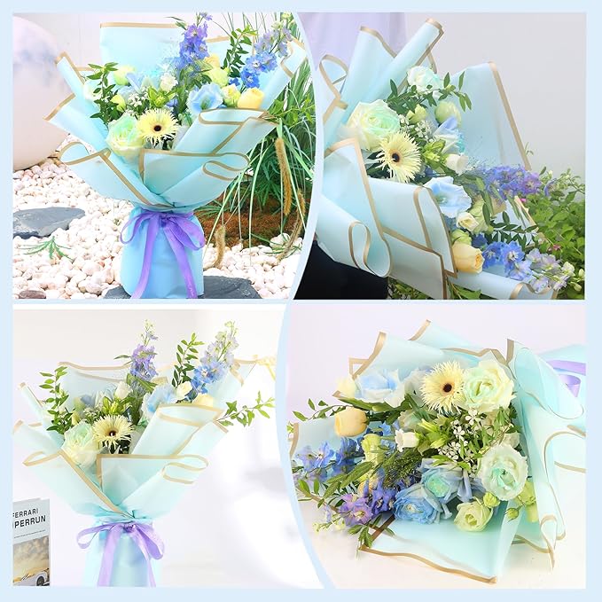 YIDATIKER 20 sheet Flower Wrapping Paper,waterproof floral wrapping paper for bouquets,DIY Florist Supplies Packaging Paper with satin ribbon for Wedding,Birthday,Valentine's Day(Light Blue)