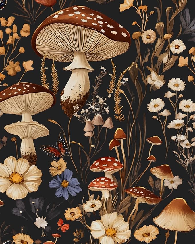 Peel and Stick Wallpaper Mushroom Wallpaper Vintage Floral Contact Paper Leaf Wall Paper for Shelf Liner Backsplash Living Room Renter Friendly Removable 17.5 x 118In