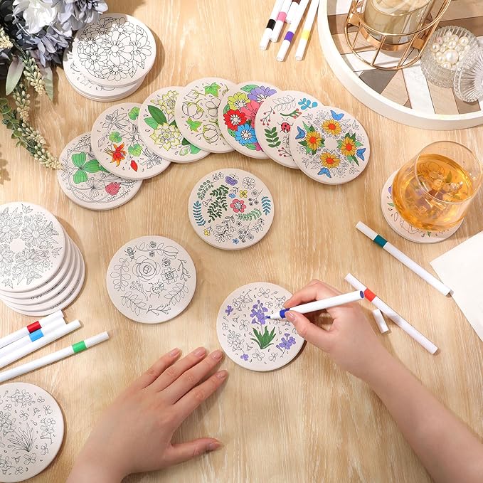 10 Pcs Ceramic Coasters for Drinks Color Your Own Coaster Set DIY Absorbent Cup Mat with 12 Markers and Cork Base Gift Arts and Crafts for Coffee Table Apartment Bar Home Decoration(Flower)