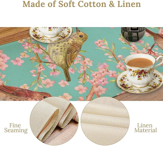 Table Runner with Flowers and Birds, Spring Plant Flowers Table Decoration Linen Table Runner Family Party Party Decorations 13x60 Inches