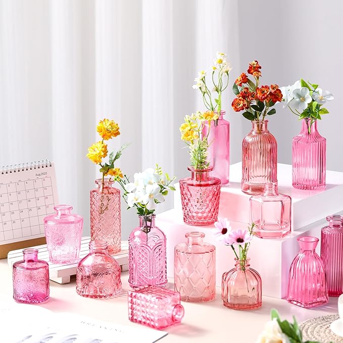 Yaomiao 30 Pcs Vases Bulk Colored Flower Glass Christmas Vases Bud Vintage Colored Glass Bottles Colorful Rustic Embossed for Home Wedding Table Decorations Gifts(Pink Series)