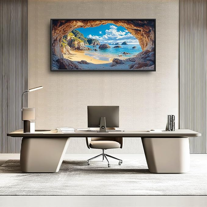 Beach Large Wall Art Rocky Cave Pictures Wall Decor Coastal Canvas Seascape Print Painting Modern Artwork Home Decoration for Living Room Bathroom Bedroom Office Framed 60"x30"