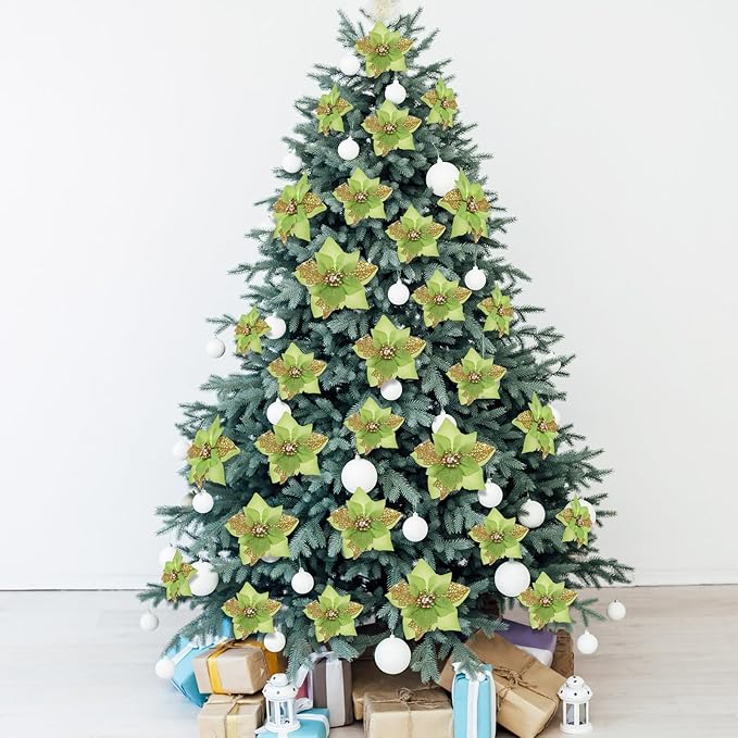 Boao 24 Pieces Christmas Artificial Glitter Poinsettia Flowers Xmas Flowers Wedding Christmas Tree New Year Ornaments(Green)