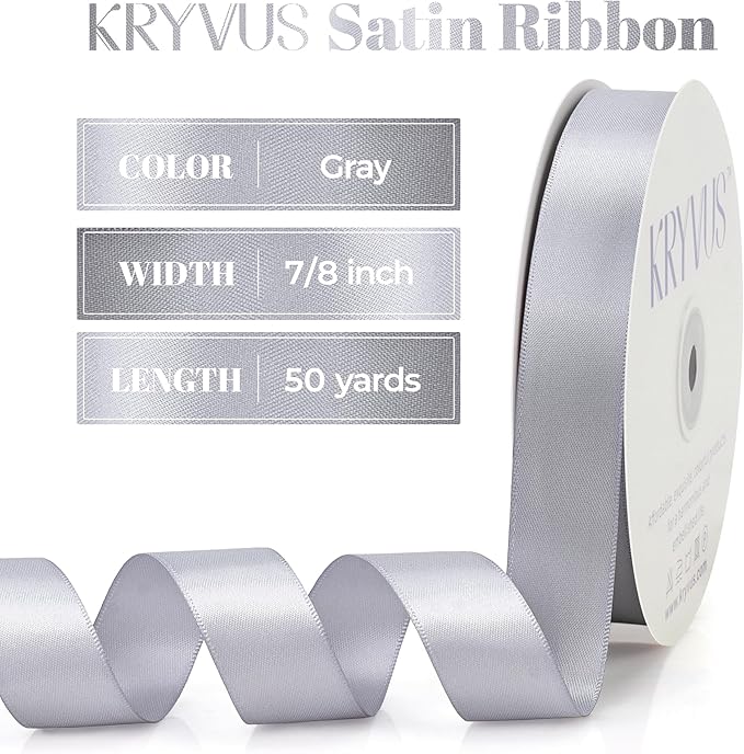 Gray Satin Ribbon, Double Faced 7/8 Inch X 50 Yards Gray Ribbon, Premium Satin Ribbon for Gift Wrapping, Crafts, Hair Bow Making, Sewing, Flower Bouquet, Wedding Party Decor