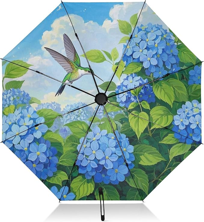 Automatic Folding Umbrella Windproof Strong, UV Protection Compact Floral Hydrangea Hummingbird Sun Rain Sun Rain Travel Umbrellas for Women Men