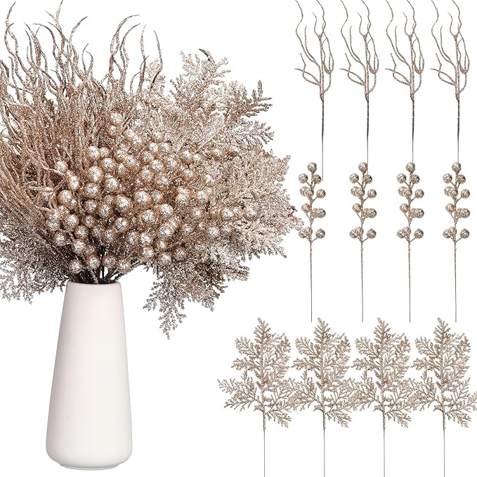 75 Pcs Christmas Glitter Branches 3 Styles Artificial Christmas Picks Berries Stems Pine Needles Floral Twig Spray for Xmas Tree Ornaments DIY Wreath Garland(Champagne Gold)