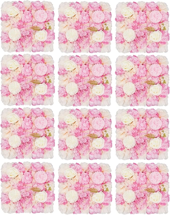 12Pcs Artificial Flower Wall Panel,3D 15" X 15" Silk Rose Mat Artificial Flower Wall,Decorative Backdrop Flower Panels Wall for Wedding Party Stage Baby Shower Decor (Pink,White)