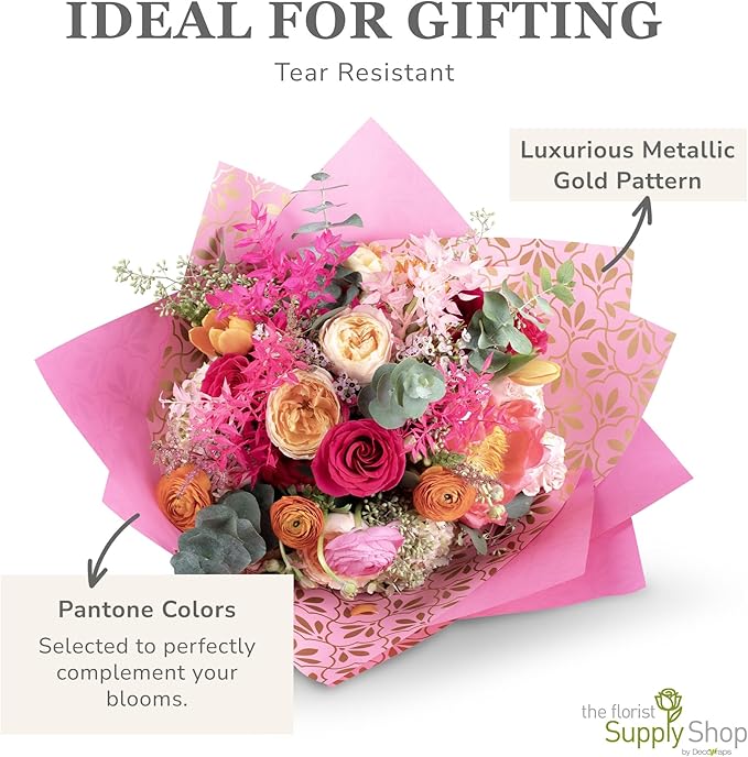 the florist Supply 20 Sheets Premium Flower Wrapping Paper | Waterproof Flower Wrapping Paper for Bouquets | Double Sided Floral Bouquet Sheets | DIY Gifts Isabella Light Pink/Gold