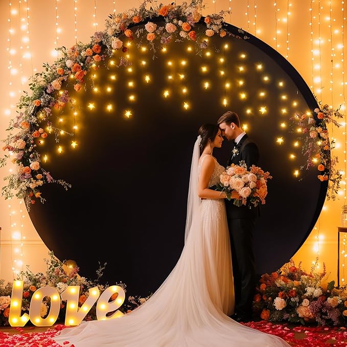 7.2 FT Black Round Backdrop Cover with Lights String for Circle Arch Stand Circle Backdrop Covers with LED Fairy Lights for Wedding Arch Baby Shower Birthday Party Photo Shoot Photography Background