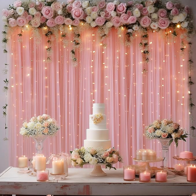 10x10ft Dusty Rose Tulle Backdrop Curtain with Lights String for Parites, Sheer Backdrop Curtains for Wedding Baby Shower Birthday Party Photo Shoot Decorations