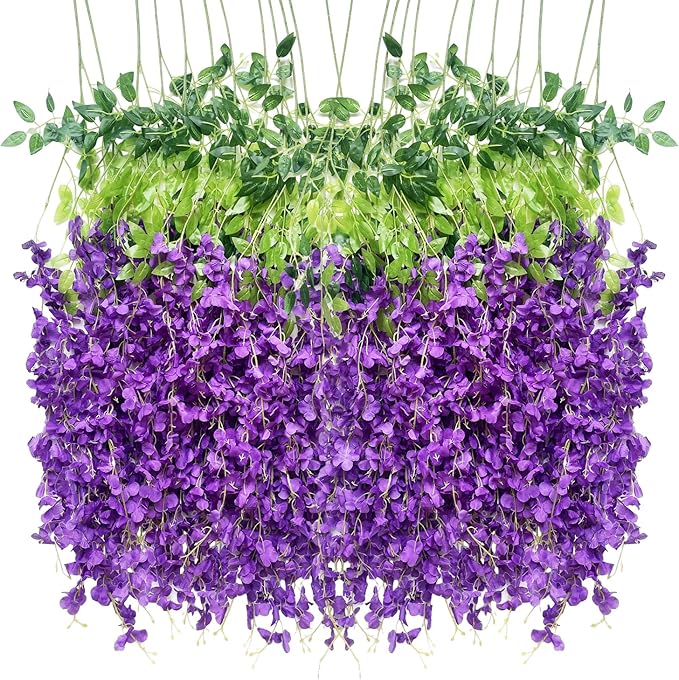 Artificial Wisteria Hanging Flowers-Fake Wisteria Flower Garland Silk Vines Rattan Decor for Home Wedding Arch Wall Garden Greenery Bedroom Outdoor Office Party Decoration (24, Purple)
