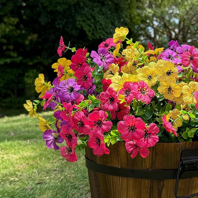 12 Bundles Artificial Flowers for Outdoor,UV Resistant Fake Flowers,Faux Plants for Outside Hanging Planters,Artificial Plants for Indoor Porch Garden Home Wedding Decor(Yellow,Fuchsia,Purple)