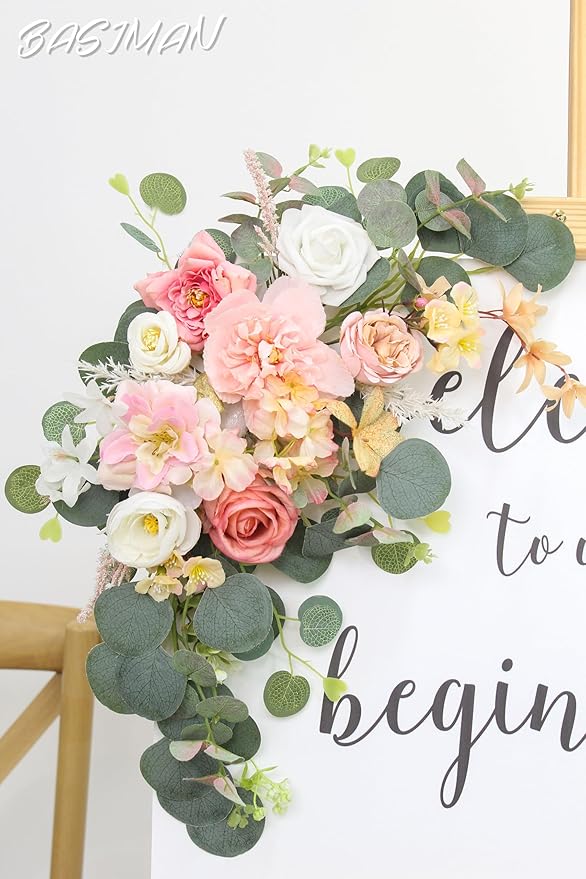 2pcs Wedding Arch Flowers,Wedding Artificial Sign Flower,Welcome Easel Door Decor Wall swags for Reception Backdrop Table Decorations Welcome Sign (Deep Pink)