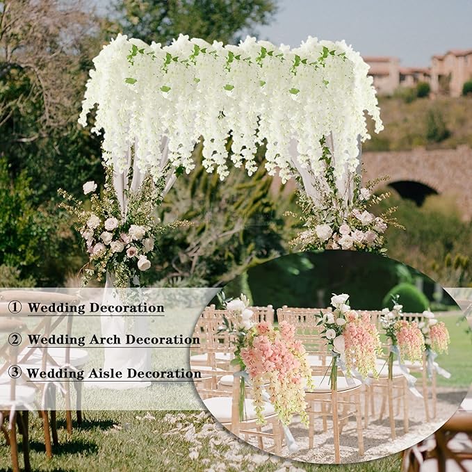 Dailisen 3 Strands 40'' Silk White Wisteria Artificial Flowers, Fake Wisteria Floral Hanging Plant Garland, for Home Decor, Party, Floor Vase, Balcony, Wedding Arrangement Decoration (White)