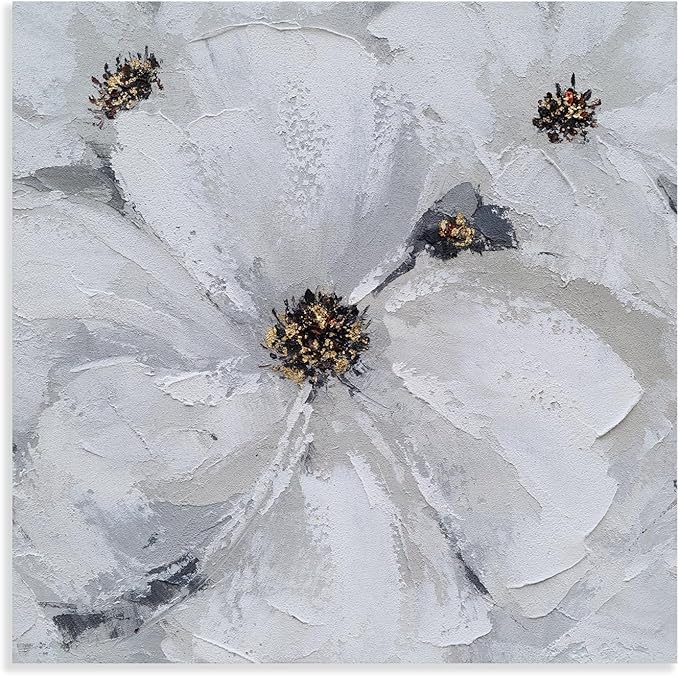 SYGALLERIER Abstract Flower Wall Art - Gray and White Floral Oil Painting with Gold Foil Embellishments - Handmade Canvas Wall Art 40x40 Inch