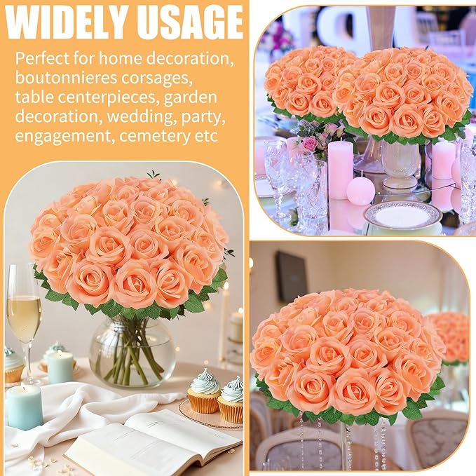 36 Pcs Peach Pink Artificial Roses with Long Stems, Fake Silk Rose Artificial Flowers Bulk for Bridal Wedding Bouquet Centerpiece Ball Arrangement Party Decor