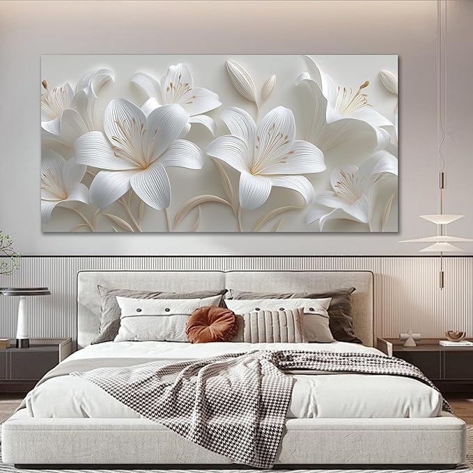 Tarfupth Large Floral Wall Art for Living Room White Flowers Artwork for Bedroom Teen Girls Room Office Kitchen Home Decor Canvas Prints 29"x58"