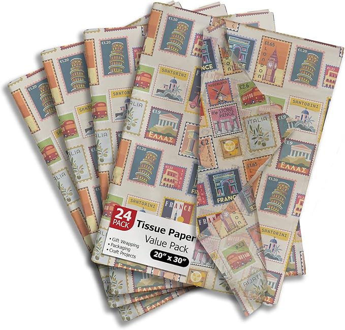Stamps Printed Tissue Paper for Birthday Party Gift Bags or Boxes and Wrapping - Bulk Decorative Art Tissue Paper for Packaging and Gifting | 24 Sheets 20" x 30"