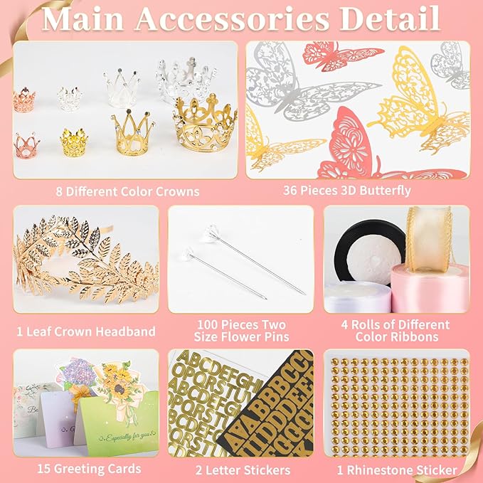 260Pcs Flower Bouquet Wrapping Paper Kit, 60 Sheets Waterproof Paper, 36 Butterflies, 8 Crowns, 1 Headband, 4 Ribbons, 15 Cards, 100 Diamond Pins, 30 Floral Wire, 3 Stickers, 3 Tapes (Black & White)