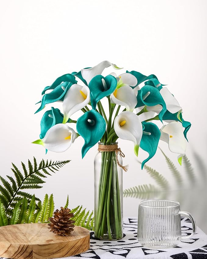 DuHouse 12Pcs Artificial Calla Lily Flower Real Touch Latex Flowers for DIY Wedding Bouquet Party Home Decor (Teal Blue)