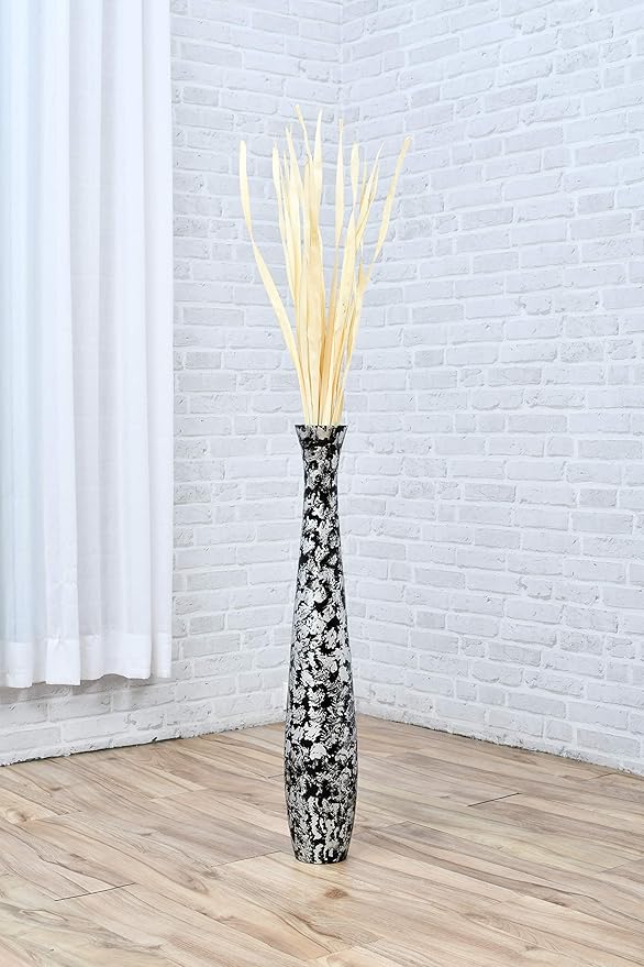Leewadee Large Silver Home Decor Floor Vase - Wooden 26 inch Tall Farmhouse Decor Flower Holder for Fake Plant and Pampas Grass