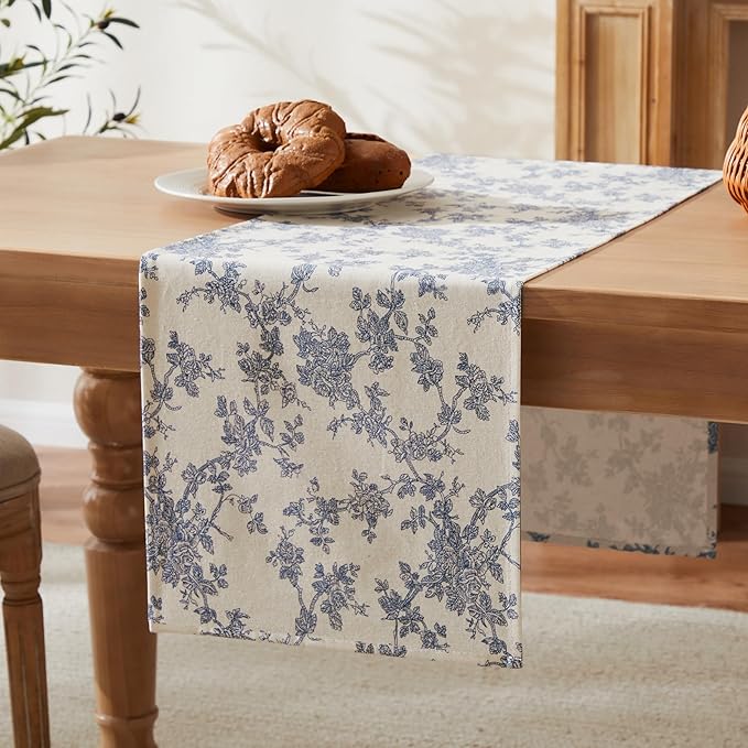 100% Cotton French Pastoral Table Runners, 13x108 Inch Blue Farmhouse Table Runners 108 Inches Long, Vintage Flowers Print Home Decors