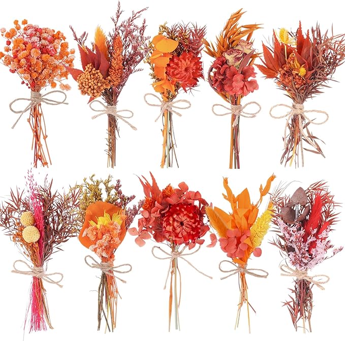 10 Pack Fall Decor Dried Flowers Bouquets Burnt Orange Flowers with Stems Natural Dried Flowers for Small Vase Fall Decorations for Home Floral Arrangement for Autumn Harvest Thanksgiving Table Decor