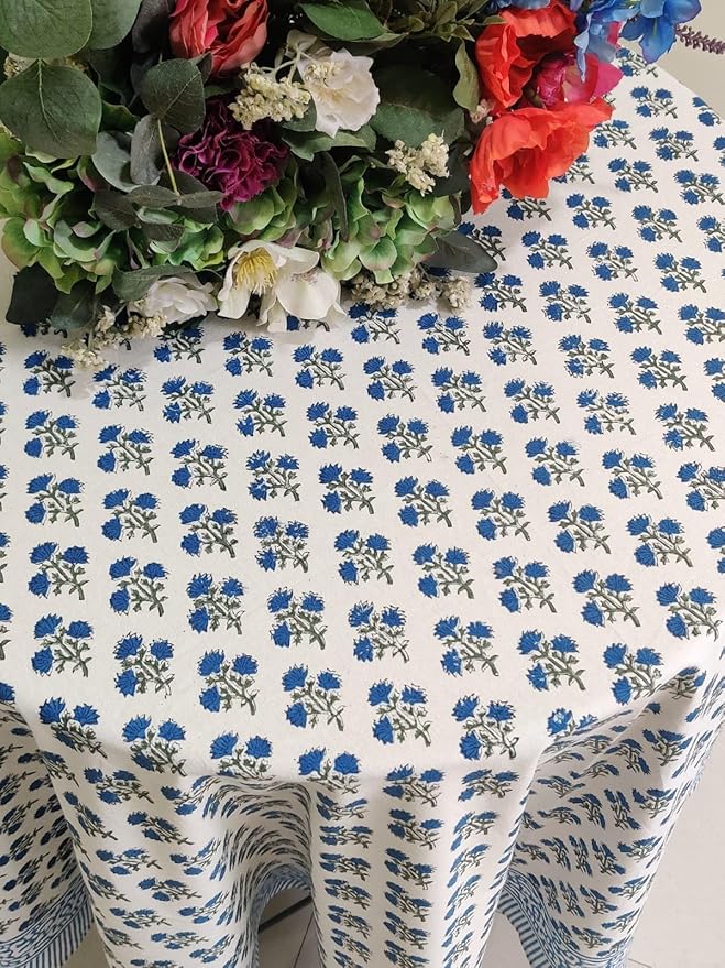 ATOSII Gulbahar Blue 100% Cotton Fall Round Tablecloth, Handblock Print Floral Table Cloth for Kitchen Dining Linen I Thanksgiving, Christmas, Weddings, Outdoors, Parties I 90" Inches Diameter
