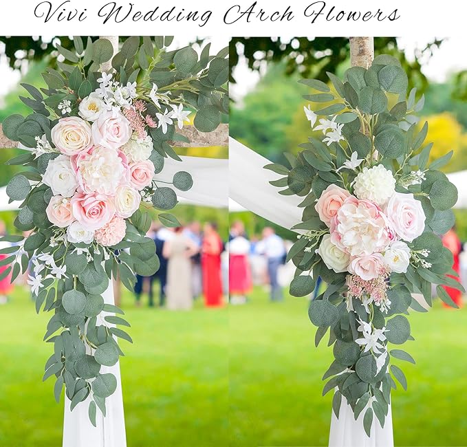 ponatia Artificial Wedding Arch Flowers with 26Ft Arch Draping Fabric, Pink Wedding Flowers for Wedding Welcome Signs Floral Decorations and Wedding Reception Ceremony Decor (Blush Pink & Ivory)
