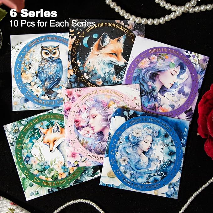 120Pcs Moon Floral PET Stickers, Scrapbook Stickers Kit for Journaling, Ephemera Packs for Junk Journals